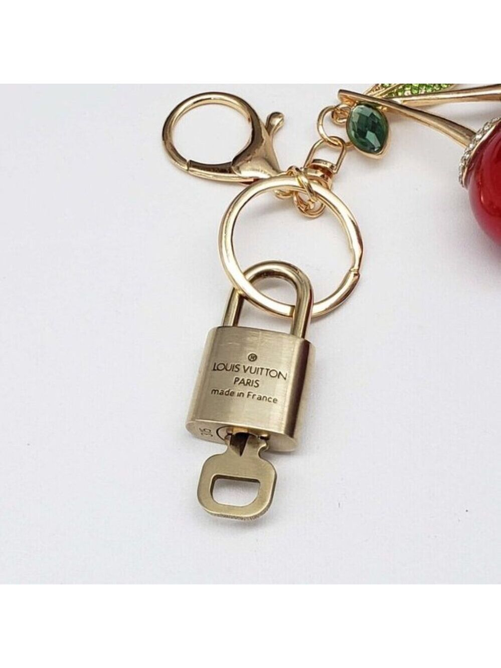 LV Gold Padlock 🔑 Authentic Louis Vuitton Charm + Unbranded Cherry Keychain - Picture 5 of 7